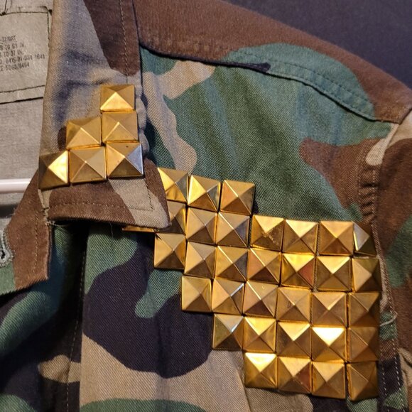 Vintage Upcycle Military BDU Print Button Up Joe Exotic Gold Studs American Flag - Picture 8 of 11